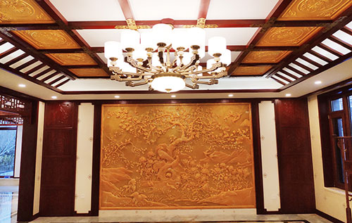 南谯中式别墅客厅中式木作横梁吊顶装饰展示